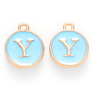 Golden Plated Alloy Enamel Charms, Cadmium Free & Lead Free, Enamelled Sequins, Flat Round, Sky Blue, Letter.Y, 14x12x2mm, Hole: 1.5mm(ENAM-S118-04Y)