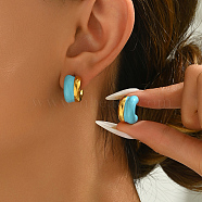 Vintage Stainless Steel Enamel C-shaped Earrings for Women, Golden, Blue, 16x13x9mm(RW3293-3)