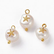 Natural Keshi Pearl Pendants, with Alloy Cabochons and Brass Loops, Nuggets with Starfish, Golden, 13~16x8~9x5~8mm, Hole: 2mm(PALLOY-JF00594-01)
