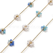 Glass & ABS Plastic Pearl Beaded Flower Link Chains, with Golden 304 Stainless Steel Cable Chains, Soldered, with Spool, Royal Blue, 8.5x9x3mm, 8x8.5x3mm, about 32.81 Feet(10m)/Roll(CHS-G028-08G-03)