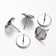 Flat Round Stainless Steel Stud Earring Settings, Stainless Steel Color, Tray: 10mm, 12mm, Pin: 0.7mm(X-STAS-M227-10mm)
