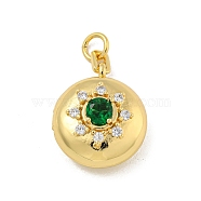 Brass Cubic Zirconia Locket Pendants, Photo Frame Charms, with Jump Ring, Real 18K Gold Plated, Green, Flat Round, 21.5x17.5x11mm, Hole: 4mm, Inner Diameter: 16mm(KK-N254-93D-G)