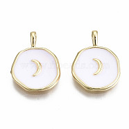 Brass Enamel Pendants, Real 18K Gold Plated, Nickel Free, Flat Round with Moon, White, 17.5x13x3mm, Hole: 3x2mm(X-KK-S356-198A-NF)