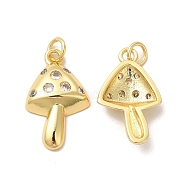Rack Plating Brass Micro Pave  Cubic Zirconia Pendants, with Jump Rings, Cadmium Free & Lead Free, Mushroom, Real 18K Gold Plated, 21x12x4mm, Hole: 3mm(KK-B068-46G)