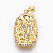 Brass Micro Pave Cubic Zirconia Pendants, Long-Lasting Plated, Oval with Jesus, For Easter, Lead Free & Nickel Free & Cadmium Free, Clear, Real 18K Gold Plated, 28.5x16x3mm, Hole: 3x3.5mm(ZIRC-O026-24G-NR)