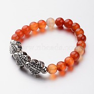 Natural Agate Stretch Bracelets, with Antique Silver Alloy Beads, 58mm(BJEW-M183-01C)