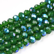 Electroplate Opaque Solid Color Glass Beads Strands, Half Rainbow Plated, Faceted, Rondelle, Green, 4x3mm, Hole: 0.4mm, about 123~127pcs/strand, 16.5~16.9 inch(42~43cm)(EGLA-A034-P4mm-L05-A)