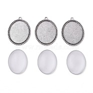 DIY Pendant Making, with Tibetan Style Alloy Pendant Cabochon Settings and Transparent Glass Cabochons, Oval, Antique Silver, Cabochons: 40x30x7~9mm, Settings: 51x37x2mm, Hole: 3mm, 2pcs/set(DIY-X0293-49AS)