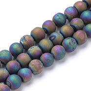 Electroplated Natural Druzy Geode Agate Bead Strands, Matte Style, Round, Multi-color Plated, 8~9mm, Hole: 1mm, about 46pcs/strand, 15.3 inch(X-G-R345-8mm-59)
