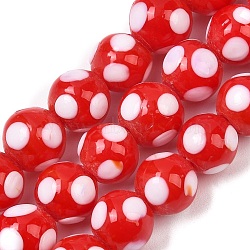 Handmade Lampwork Beads, Round with Polka Dot, Red, 10x9.5~10mm, Hole: 1.8mm, about 39pcs/strand, 14.76''(37.5cm)(LAMP-D002-10mm-01A)