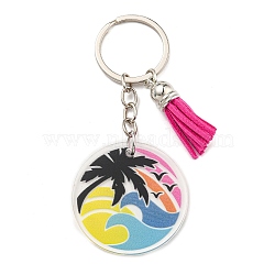 Acrylic Flat Round with Suede Tassel Pendant Keychain, with Iron Key Ring, Colorful, 100mm(KEYC-G060-01E)