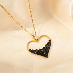 304 Stainless Steel Rhinestone Pendant Necklaces for Women, Heart, Golden, Jet, 15.75 inch(40cm)(FS-WGD5BB7-01)