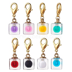 8pcs Plastic Pendants Decorations, with Alloy Lobster Claw Clasps, Cube, Colorful, 33.5~34mm(HJEW-JM01822)