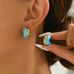 Vintage Stainless Steel Enamel C-shaped Earrings for Women, Golden, Blue, 16x13x9mm(RW3293-3)