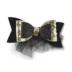 New Year's party Iron Hair Clip, Mesh, PET and Gold Onion Cloth Hair Accessories, Bowknot, 50x80x19mm(OHAR-R102-01N)