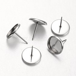 Tarnish Resistant Flat Round Stainless Steel Stud Earring Settings, Stainless Steel Color, Tray: 10mm, 12mm, Pin: 0.7mm(X-STAS-M227-10mm)