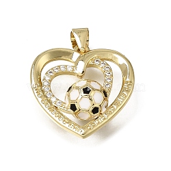 Brass Micro Pave Clear Cubic Zirconia Pendants, with Enamel, Football with Heart Charms, Cadmium Free & Lead Free, Rack Plating, Long-Lasting Plated, Real 18K Gold Plated, 20.5x20x8mm, Hole: 4x3.5mm(KK-C262-09B-G)
