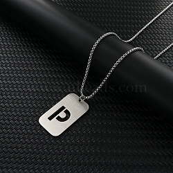 Rectangle with Hollow Out Letter 201 Stainless Steel Pendant Necklaces, Stainless Steel Color, Non-Tarnish, Letter P, 27.56 inch(70cm)(FS-WG34D20-07)