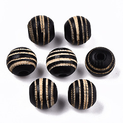 Painted Natural Wood Beads, Laser Engraved Pattern, Round with Zebra-Stripe, Black, 10x8.5mm, Hole: 2.5mm(WOOD-T021-54A-01)