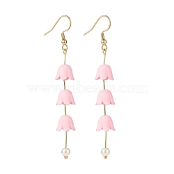 Acrylic Flower with Plastic Pearl Long Dangle Earrings, Gold Plated 304 Stainless Steel Jewelry for Women, Pink, 80mm, Pin: 0.6mm(EJEW-JE04941-02)