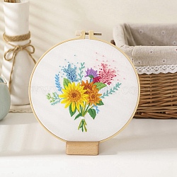 DIY Bouquet Pattern Embroidery Kit, Including Imitation Bamboo Frame, Iron Pins, Cloth, Colorful Threads, White, 213x201x9.5mm, Inner Diameter: 183mm(DIY-O021-15B)