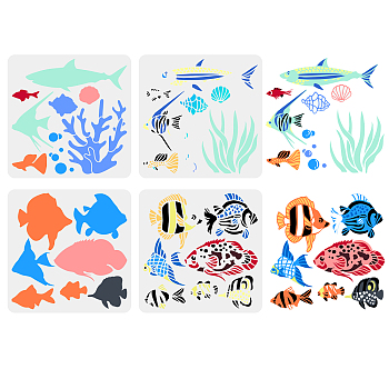 4Pcs 4 Styles Sea Animals Theme PET Hollow Out Drawing Painting Stencils, for DIY Scrapbook, Photo Album, Sea Animals, 300x300mm, 1pc/style
