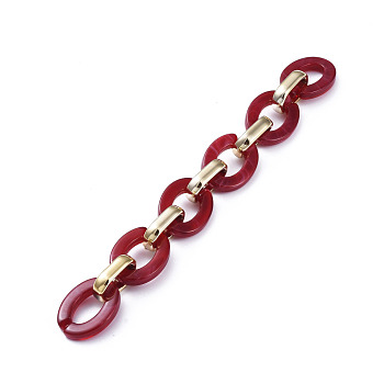 Handmade CCB Plastic Cable Chains, with Acrylic Linking Rings, Golden, Red, Links: 24.2x18.2x4mm and 19x12x4.7mm, 39.37 inch(1m)/strand