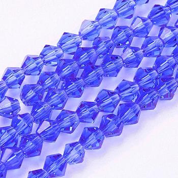Imitation Austrian Crystal 5301 Bicone Beads, Faceted Glass Beads Strands, Blue, 4x4mm, Hole: 1mm, about 82~85pcs/strand, 30.5~31cm