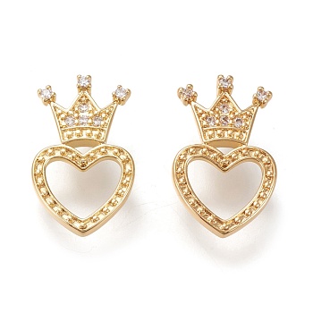 Brass Micro Pave Cubic Zirconia Pendants, Long-lasting Plated, Crown with Heart, Clear, Golden, 21x13x5.5mm, Hole: 2mm