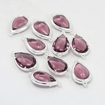 Silver Color Plated Brass Glass Links connectors, teardrop, Lavender, 25x13.5x17mm, Hole: 1mm