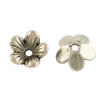 Tibetan Style Flower Alloy Bead Caps, 5-Petal, Lead Free & Cadmium Free, Antique Silver, 9x3mm, Hole: 1.5mm