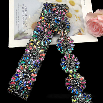 Polyester Lace Trim, with Colorful Paillettes, Flower, Garment Accessories, Black, 2-3/8 inch(60mm), about 4.5 yards/pc