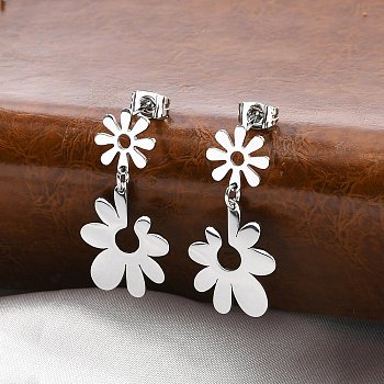 304 Stainless Steel Dangle Stud Earrings for Women, Flower, Stainless Steel Color, 30.5x15mm