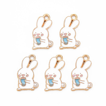 Alloy Enamel Pendants, Cadmium Free & Nickel Free & Lead Free, Light Gold, Rabbit to Drink Beverage, Light Sky Blue, 18x10x1mm, Hole: 1.5mm