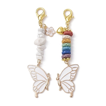 Butterfly Alloy Enamel Pendants Decoraiton, Natural Howlite Chip & Lava Rock Beads and Lobster Claw Clasps Charm, White, 81~83mm, 2pcs/set