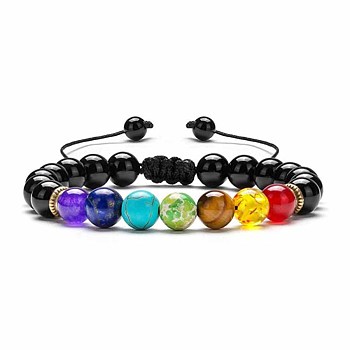 Chakra Theme Natural & Synthetic Mixed Stones Braided Bracelets, Black Agate Adjustable Bracelets for Women