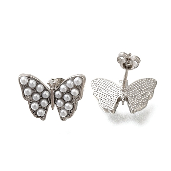 Rack Plating Butterfly Brass & ABS Imitation Pearl Stud Earrings, Lead Free & Cadmium Free, Long-Lasting Plated, Platinum, 12.5x16.5mm