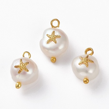 Natural Keshi Pearl Pendants, with Alloy Cabochons and Brass Loops, Nuggets with Starfish, Golden, 13~16x8~9x5~8mm, Hole: 2mm