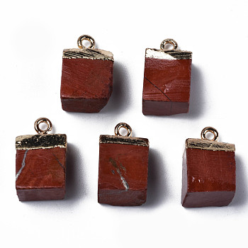 Natural Red Jasper Pendants, with Golden Brass Findings, Rack Plating, Cube, 18~21x9~12x9~13mm, Hole: 1.6mm