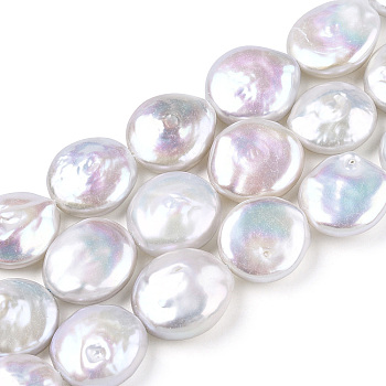 Baroque Natural Keshi Pearl Beads Strands, Freshwater Pearl, Flat Round, Seashell Color, 13~15x11.5~13x5~6mm, Hole: 0.5mm, about 29~30pcs/strand, 15.83''(40.2cm)