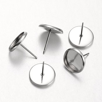 Flat Round Stainless Steel Stud Earring Settings, Stainless Steel Color, Tray: 10mm, 12mm, Pin: 0.7mm