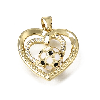 Brass Micro Pave Clear Cubic Zirconia Pendants, with Enamel, Football with Heart Charms, Cadmium Free & Lead Free, Rack Plating, Long-Lasting Plated, Real 18K Gold Plated, 20.5x20x8mm, Hole: 4x3.5mm