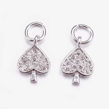 Brass Micro Pave Cubic Zirconia Charms, Heart, Platinum, 10.5x7x1mm, Hole: 3mm