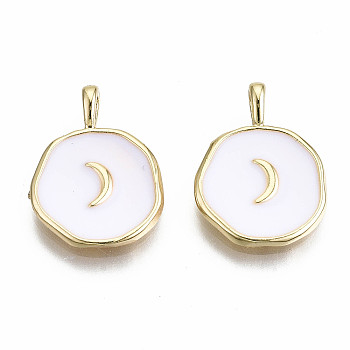 Brass Enamel Pendants, Real 18K Gold Plated, Nickel Free, Flat Round with Moon, White, 17.5x13x3mm, Hole: 3x2mm