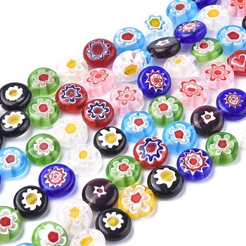 Flat Round Handmade Millefiori Glass Beads, Mixed Color, 10x4mm, Hole: 1mm, about 38pcs/strand, 14.5 inch