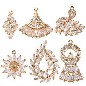 6Pcs 6 Style Brass Micro Pave Clear Cubic Zirconia Pendants, Mix-shaped, Golden, 18~28x10~22x2~5.5mm, Hole: 1~3x1~1.5mm, 1pc/style