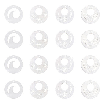 SUPERFINDINGS Natural Freshwater Shell Pendants, Flat Round with Wave, Linen, 18x2mm, Hole: 1mm, 16pcs/box