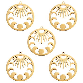 5Pcs Ion Plating(IP) 201 Stainless Steel Pendants, Laser Cut, Moon Phase Charms, Golden, 30x28x1mm, Hole: 1.4mm