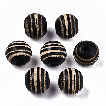 Painted Natural Wood Beads, Laser Engraved Pattern, Round with Zebra-Stripe, Black, 10x8.5mm, Hole: 2.5mm