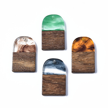 Transparent Resin & Walnut Wood Pendants, Two Tone, Half Oval, Mixed Color, 26x16x3mm, Hole: 2mm